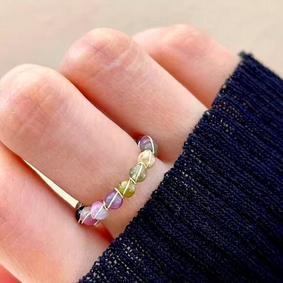 Rainbow Tourmaline Cuff Open Ring Fashion Beaded Adjustable Ring - Picture 7 of 7